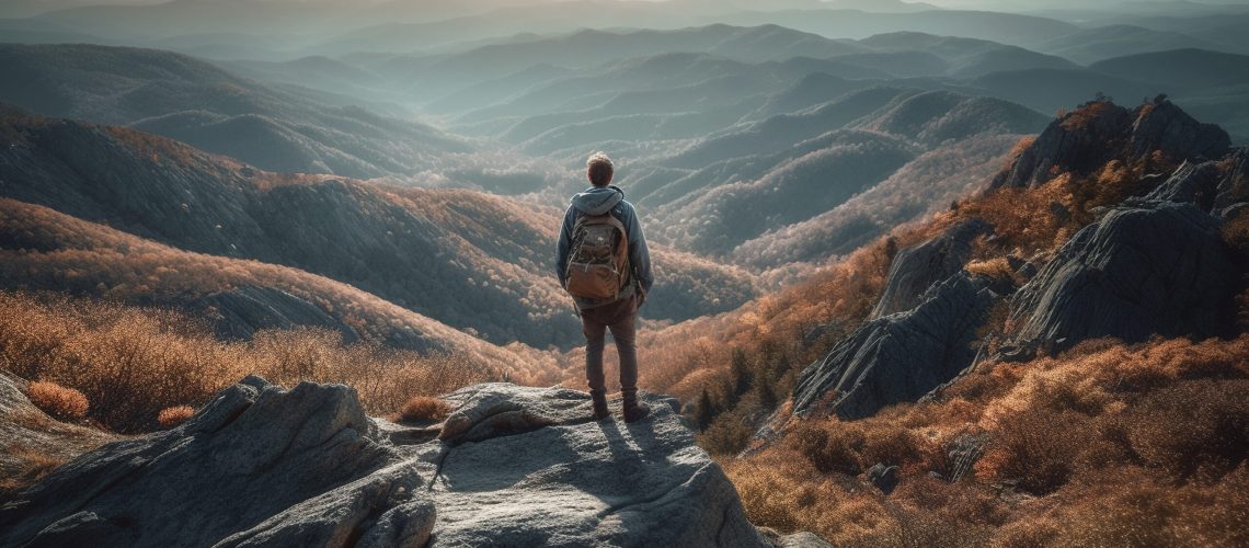 One person hiking mountain peak achieves success generated by artificial intelligence